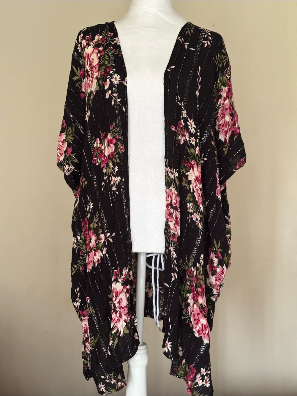 Angie Black Floral Open-Front Kimono with Pink Roses